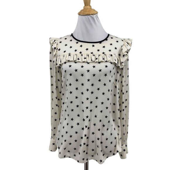 J Crew Blouse Womens 0 White Black Silk Blend Ruffle Star Print Keyhole Back Top - Picture 1 of 14